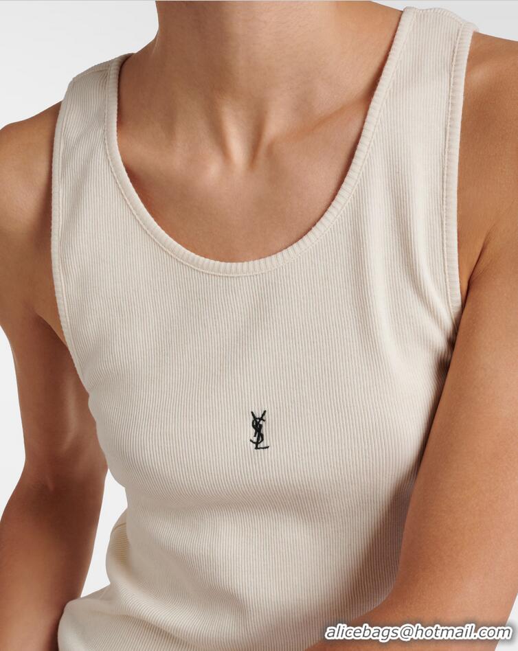 ​Low Cost Saint Laurent Cassandre Ribbed-knit Cotton Tank Top Y8956 White