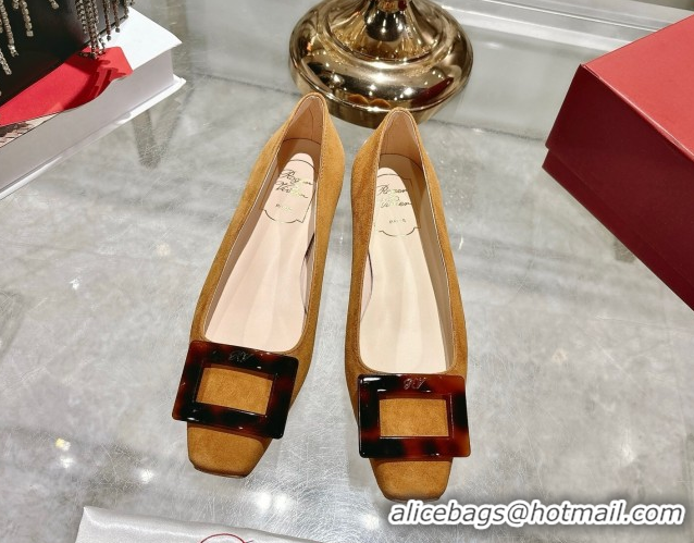 Good Looking Roger Vivier Belle Vivier Ballerinas Flat in Suede and Tortoiseshell Printed Buckle Beige Yellow RV121105 1