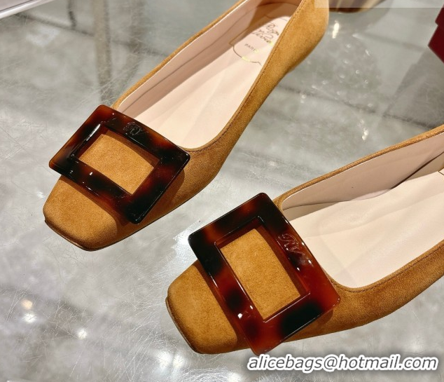 Good Looking Roger Vivier Belle Vivier Ballerinas Flat in Suede and Tortoiseshell Printed Buckle Beige Yellow RV121105 1