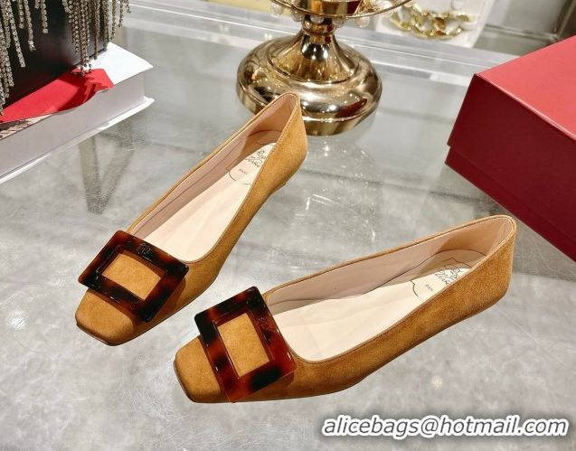 Good Looking Roger Vivier Belle Vivier Ballerinas Flat in Suede and Tortoiseshell Printed Buckle Beige Yellow RV121105 1