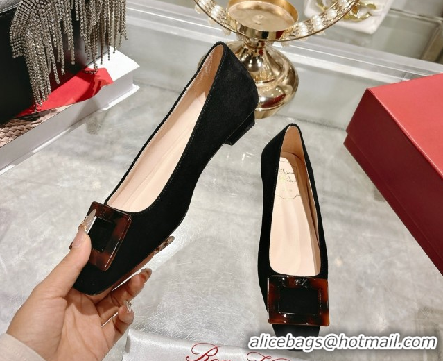 Most Popular Roger Vivier Belle Vivier Ballerinas Flat in Suede and Tortoiseshell Printed Buckle Black RV121105 1211135
