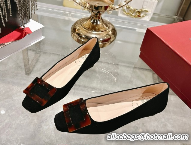 Most Popular Roger Vivier Belle Vivier Ballerinas Flat in Suede and Tortoiseshell Printed Buckle Black RV121105 1211135