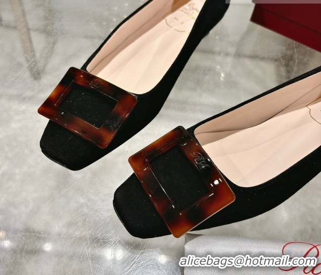 Most Popular Roger Vivier Belle Vivier Ballerinas Flat in Suede and Tortoiseshell Printed Buckle Black RV121105 1211135