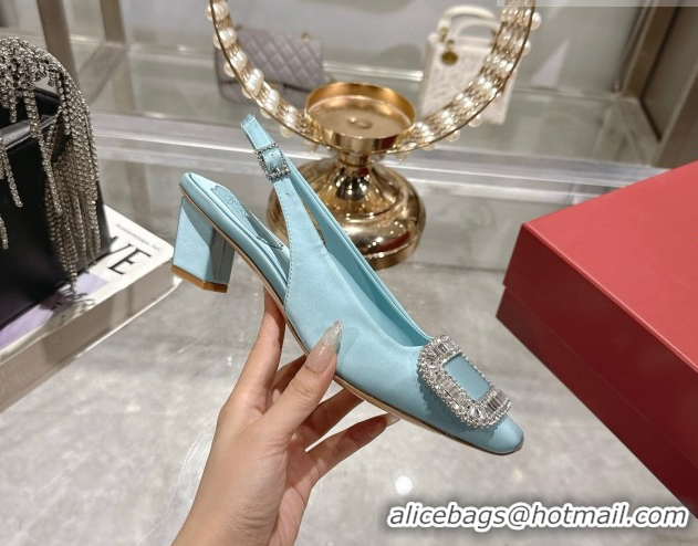 Buy Discount Roger Vivier Belle Vivier Slingbacks Pump 4.5cm in Satin and Strass Buckle Light Blue RV121201 1212002 2026