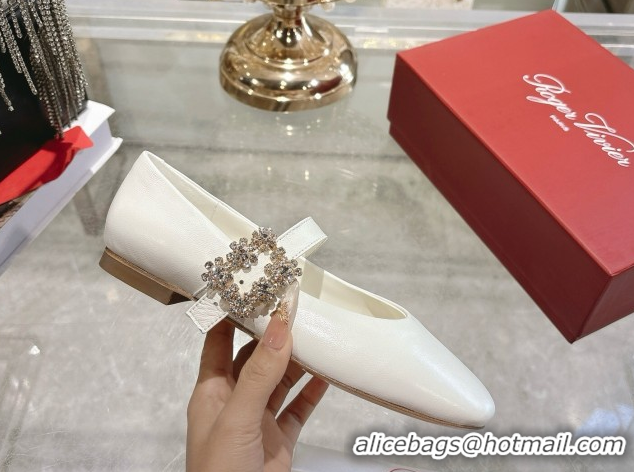 Charming Roger Vivier Vivier Mary Janes Ballerinas Flat in Calf Leather and Strass White RV121201 2026
