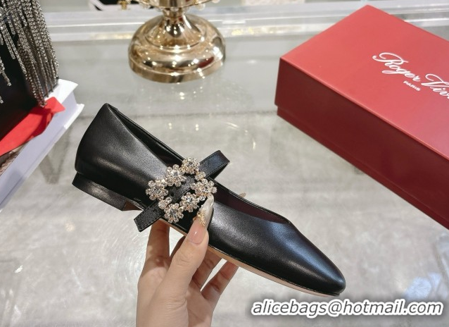 Best Grade Roger Vivier Vivier Mary Janes Ballerinas Flat in Calf Leather and Strass Black RV121202 1212019 2026