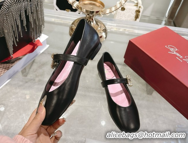 Best Grade Roger Vivier Vivier Mary Janes Ballerinas Flat in Calf Leather and Strass Black RV121202 1212019 2026