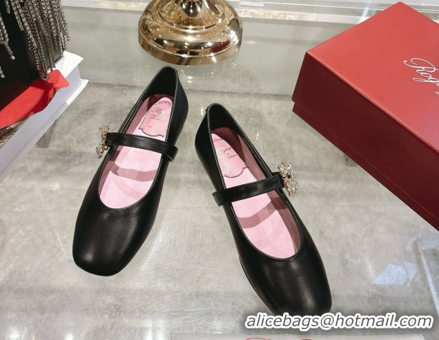 Best Grade Roger Vivier Vivier Mary Janes Ballerinas Flat in Calf Leather and Strass Black RV121202 1212019 2026