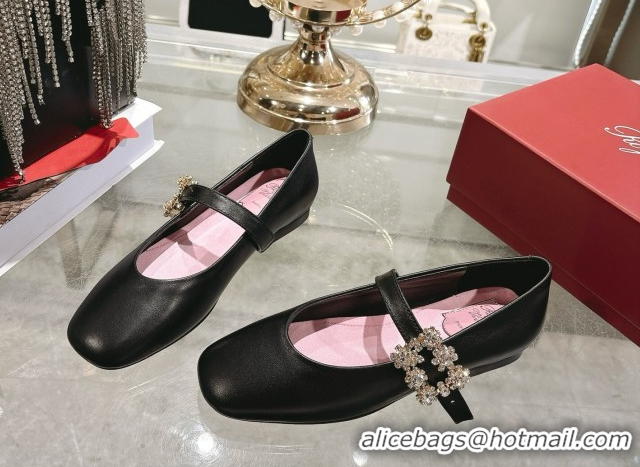 Best Grade Roger Vivier Vivier Mary Janes Ballerinas Flat in Calf Leather and Strass Black RV121202 1212019 2026