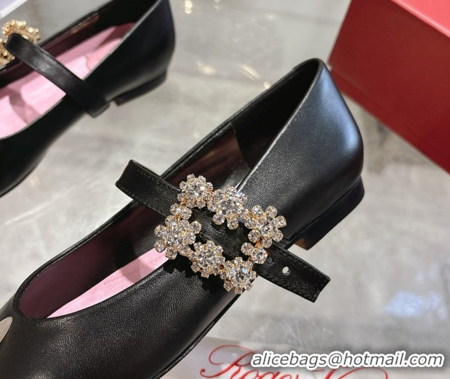 Best Grade Roger Vivier Vivier Mary Janes Ballerinas Flat in Calf Leather and Strass Black RV121202 1212019 2026