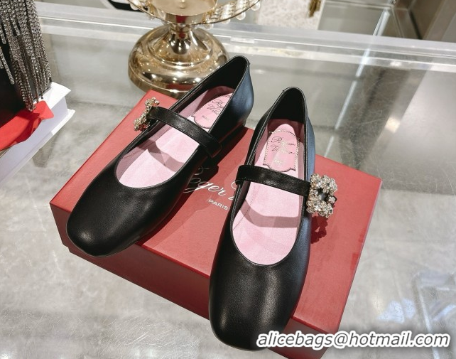 Best Grade Roger Vivier Vivier Mary Janes Ballerinas Flat in Calf Leather and Strass Black RV121202 1212019 2026