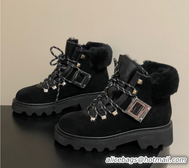 Grade Quality Roger Vivier Viv' Rangers Truck Booties 5cm in Suede and Wool Black RV121203 1212020 2026