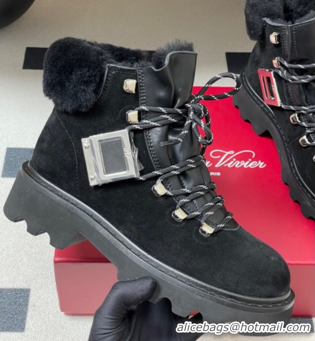 Grade Quality Roger Vivier Viv' Rangers Truck Booties 5cm in Suede and Wool Black RV121203 1212020 2026