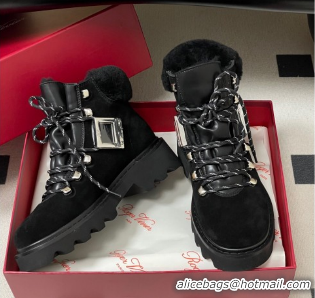 Grade Quality Roger Vivier Viv' Rangers Truck Booties 5cm in Suede and Wool Black RV121203 1212020 2026