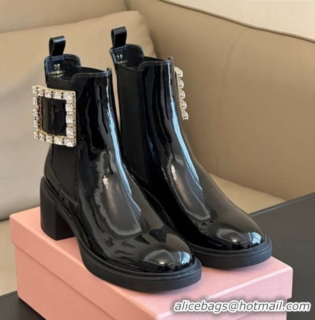 Classic Hot Roger Vivier Viv' Rangers Chelsea Booties 6cm in Patent Leather with Strass Buckle Black RV121204 1212024 20