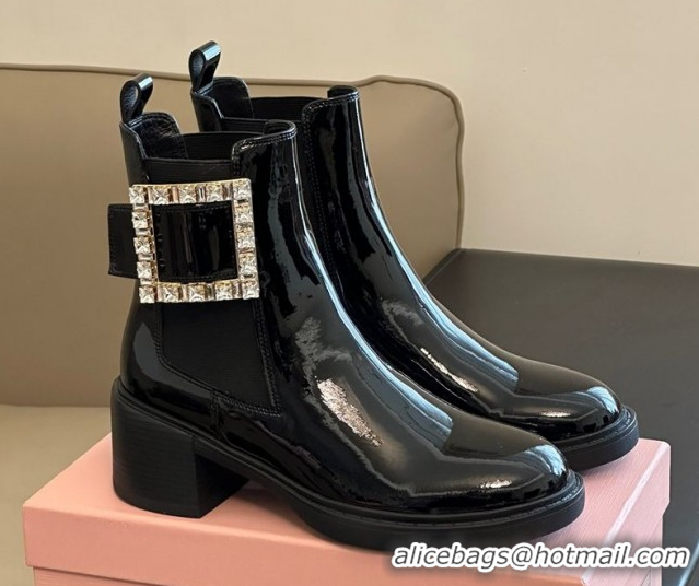 Classic Hot Roger Vivier Viv' Rangers Chelsea Booties 6cm in Patent Leather with Strass Buckle Black RV121204 1212024 20