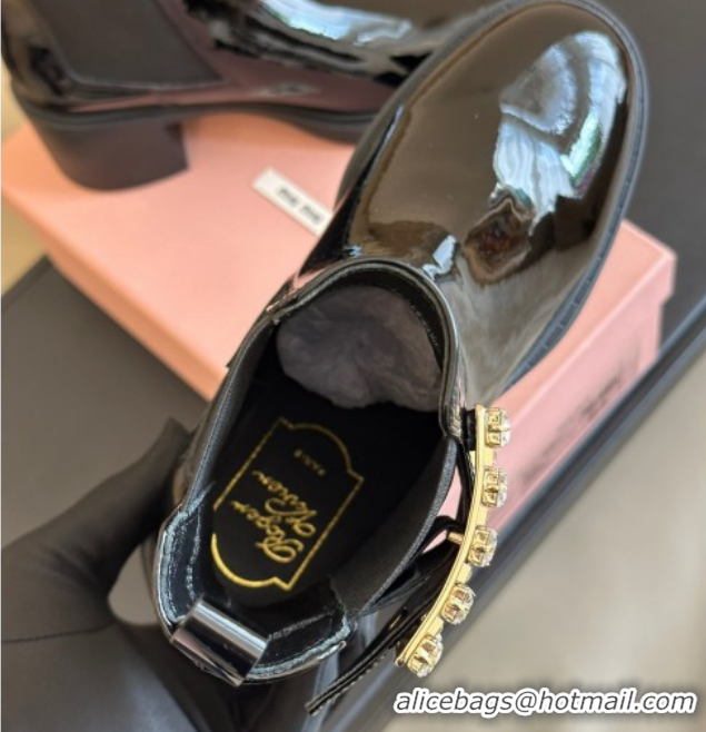 Classic Hot Roger Vivier Viv' Rangers Chelsea Booties 6cm in Patent Leather with Strass Buckle Black RV121204 1212024 20