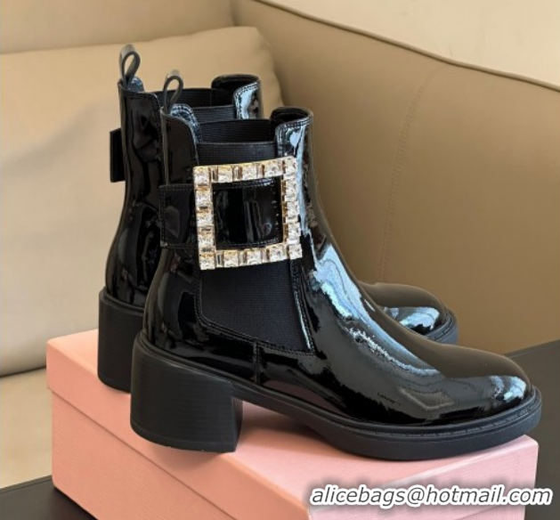 Classic Hot Roger Vivier Viv' Rangers Chelsea Booties 6cm in Patent Leather with Strass Buckle Black RV121204 1212024 20