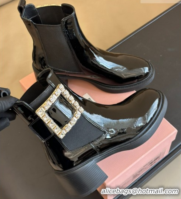 Classic Hot Roger Vivier Viv' Rangers Chelsea Booties 6cm in Patent Leather with Strass Buckle Black RV121204 1212024 20