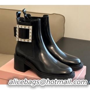 Pretty Style Roger Vivier Viv' Rangers Chelsea Booties 6cm in Shiny Leather with Strass Buckle Black RV121204 1212025 20