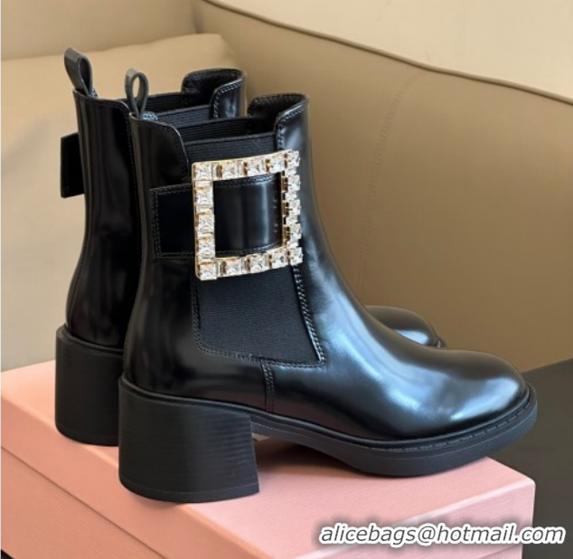 Pretty Style Roger Vivier Viv' Rangers Chelsea Booties 6cm in Shiny Leather with Strass Buckle Black RV121204 1212025 20