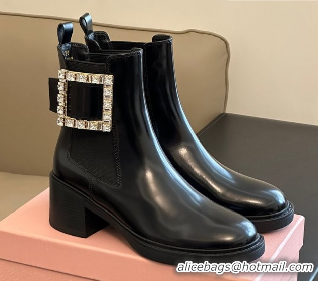 Pretty Style Roger Vivier Viv' Rangers Chelsea Booties 6cm in Shiny Leather with Strass Buckle Black RV121204 1212025 20