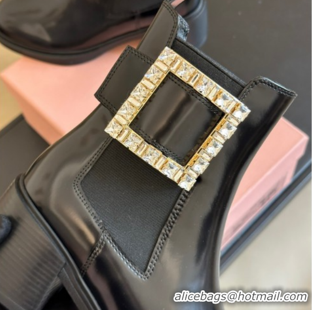 Pretty Style Roger Vivier Viv' Rangers Chelsea Booties 6cm in Shiny Leather with Strass Buckle Black RV121204 1212025 20