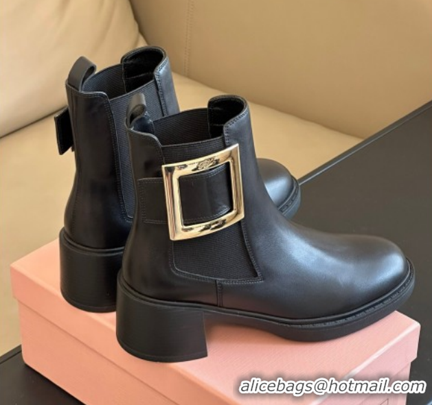 Purchase Roger Vivier Viv' Rangers Chelsea Booties 6cm in Calfskin Leather with Metal Buckle Black RV121204 1212026 2026