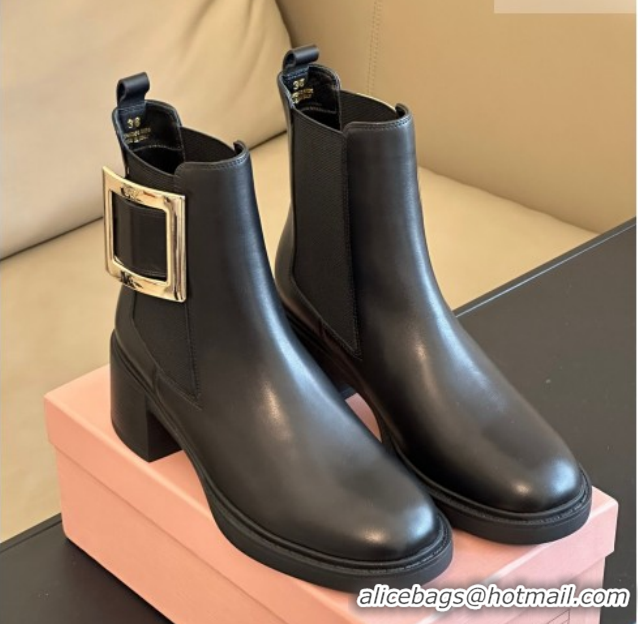Purchase Roger Vivier Viv' Rangers Chelsea Booties 6cm in Calfskin Leather with Metal Buckle Black RV121204 1212026 2026