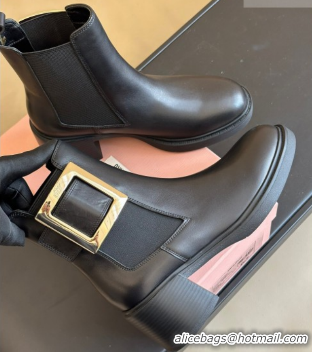Purchase Roger Vivier Viv' Rangers Chelsea Booties 6cm in Calfskin Leather with Metal Buckle Black RV121204 1212026 2026