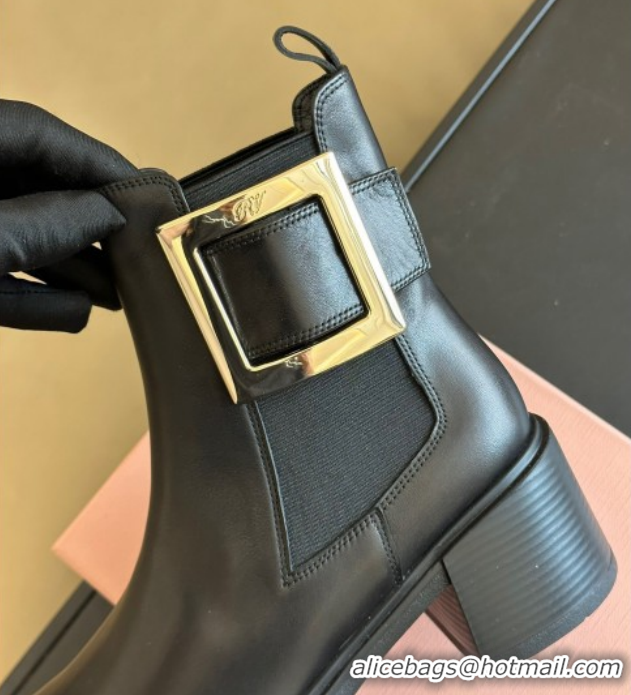 Purchase Roger Vivier Viv' Rangers Chelsea Booties 6cm in Calfskin Leather with Metal Buckle Black RV121204 1212026 2026