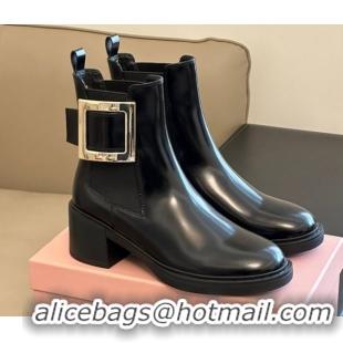 Good Quality Roger Vivier Viv' Rangers Chelsea Booties 6cm in Shiny Leather with Metal Buckle Black RV121204 1212027 202