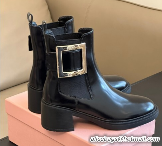 Good Quality Roger Vivier Viv' Rangers Chelsea Booties 6cm in Shiny Leather with Metal Buckle Black RV121204 1212027 202
