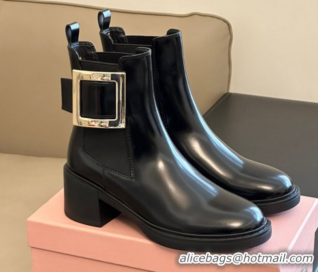 Good Quality Roger Vivier Viv' Rangers Chelsea Booties 6cm in Shiny Leather with Metal Buckle Black RV121204 1212027 202