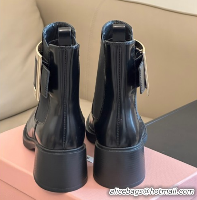 Good Quality Roger Vivier Viv' Rangers Chelsea Booties 6cm in Shiny Leather with Metal Buckle Black RV121204 1212027 202