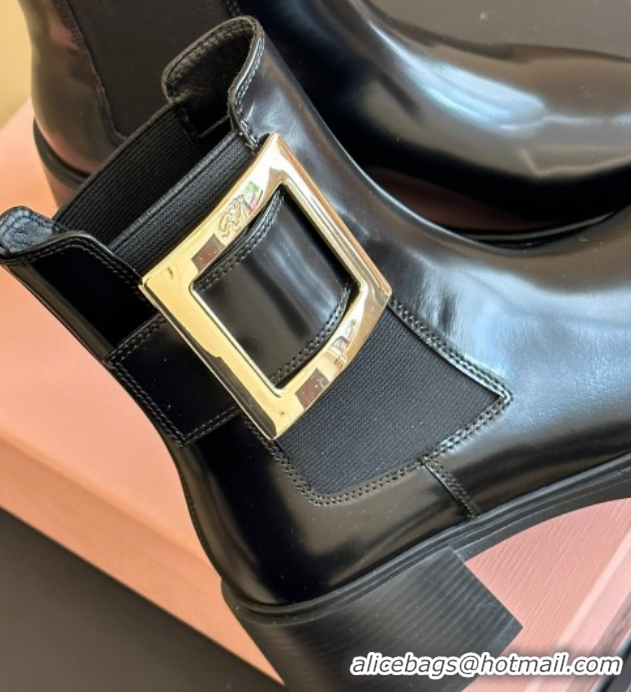 Good Quality Roger Vivier Viv' Rangers Chelsea Booties 6cm in Shiny Leather with Metal Buckle Black RV121204 1212027 202