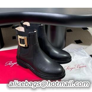 Low Cost Roger Vivier Viv' Rangers Flat Chelsea Booties in Calfskin Leather with Metal Buckle Black RV121205 1212041 202