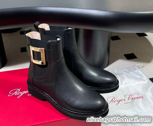 Low Cost Roger Vivier Viv' Rangers Flat Chelsea Booties in Calfskin Leather with Metal Buckle Black RV121205 1212041 202