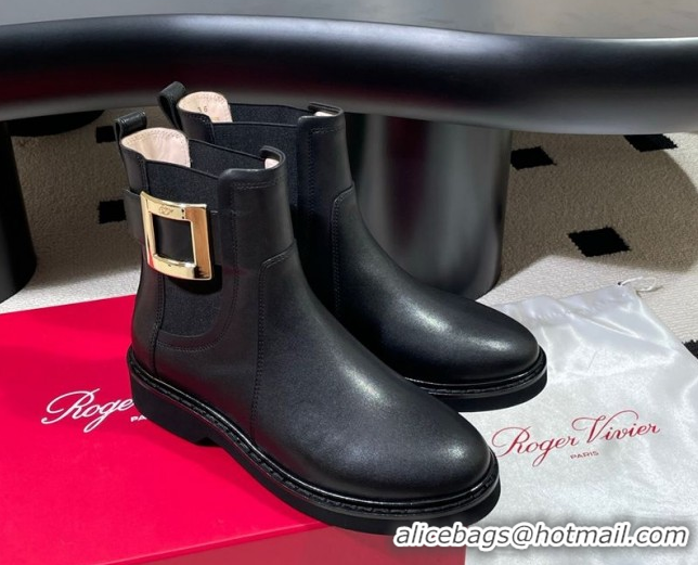 Low Cost Roger Vivier Viv' Rangers Flat Chelsea Booties in Calfskin Leather with Metal Buckle Black RV121205 1212041 202