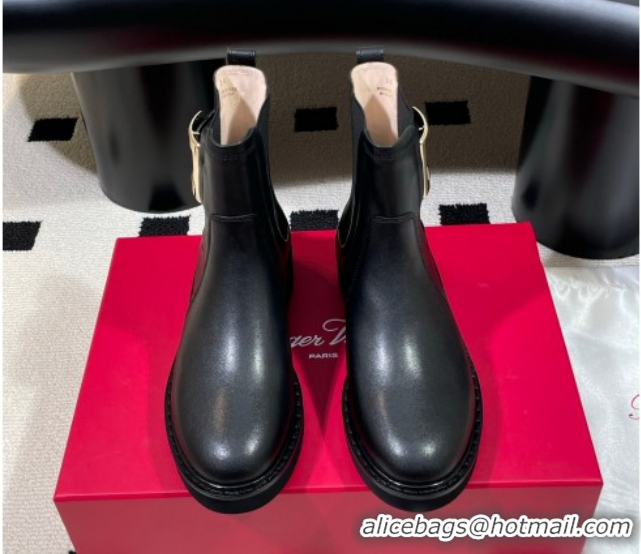 Low Cost Roger Vivier Viv' Rangers Flat Chelsea Booties in Calfskin Leather with Metal Buckle Black RV121205 1212041 202