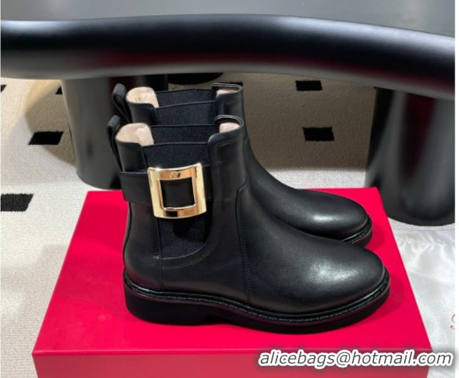 Low Cost Roger Vivier Viv' Rangers Flat Chelsea Booties in Calfskin Leather with Metal Buckle Black RV121205 1212041 202