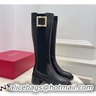 Luxurious Roger Vivier Viv' Rangers High Boots 6cm in Calfskin Leather with Metal Buckle Black RV121204 2026