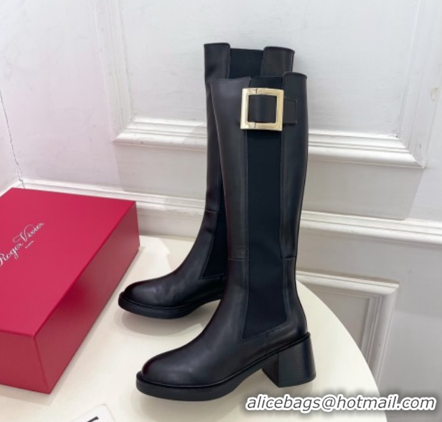 Luxurious Roger Vivier Viv' Rangers High Boots 6cm in Calfskin Leather with Metal Buckle Black RV121204 2026