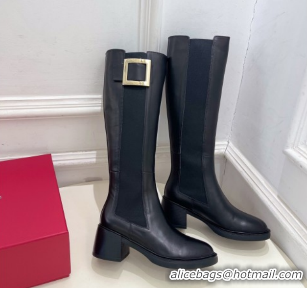 Luxurious Roger Vivier Viv' Rangers High Boots 6cm in Calfskin Leather with Metal Buckle Black RV121204 2026