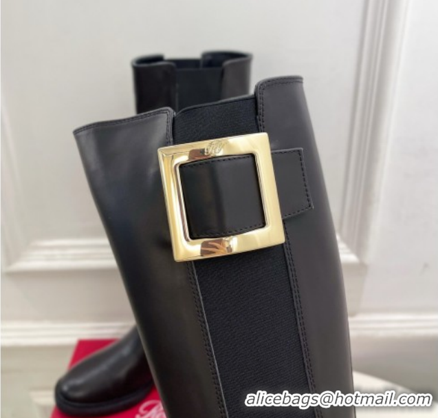 Luxurious Roger Vivier Viv' Rangers High Boots 6cm in Calfskin Leather with Metal Buckle Black RV121204 2026