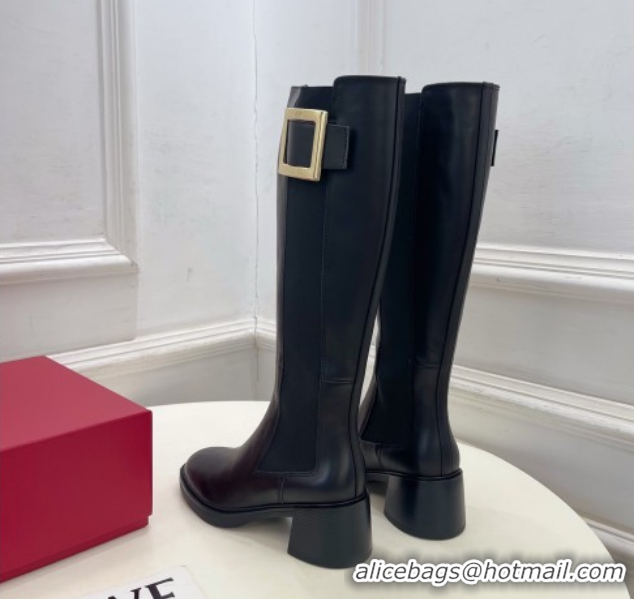 Luxurious Roger Vivier Viv' Rangers High Boots 6cm in Calfskin Leather with Metal Buckle Black RV121204 2026