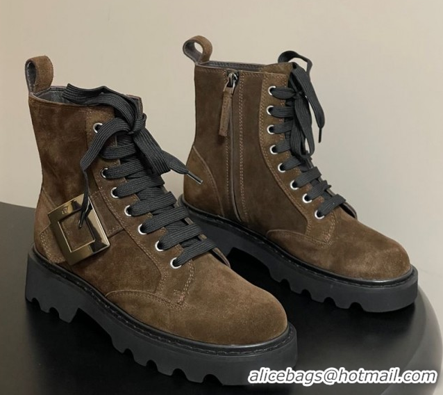 Good Looking Roger Vivier Viv' Rangers Truck Ankle Boots 5cm in Suede with Strass Buckle 212030 Brown 2026
