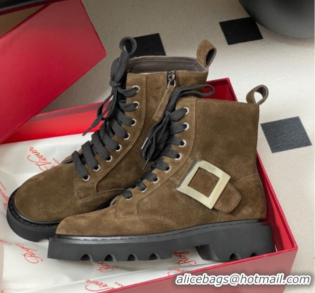 Good Looking Roger Vivier Viv' Rangers Truck Ankle Boots 5cm in Suede with Strass Buckle 212030 Brown 2026