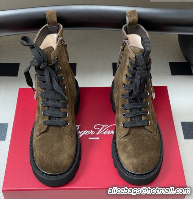 Good Looking Roger Vivier Viv' Rangers Truck Ankle Boots 5cm in Suede with Strass Buckle 212030 Brown 2026