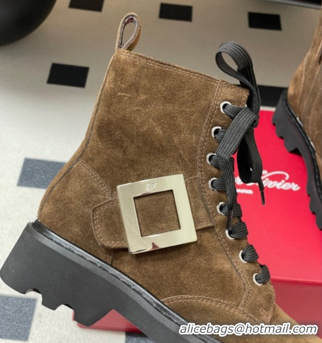 Good Looking Roger Vivier Viv' Rangers Truck Ankle Boots 5cm in Suede with Strass Buckle 212030 Brown 2026